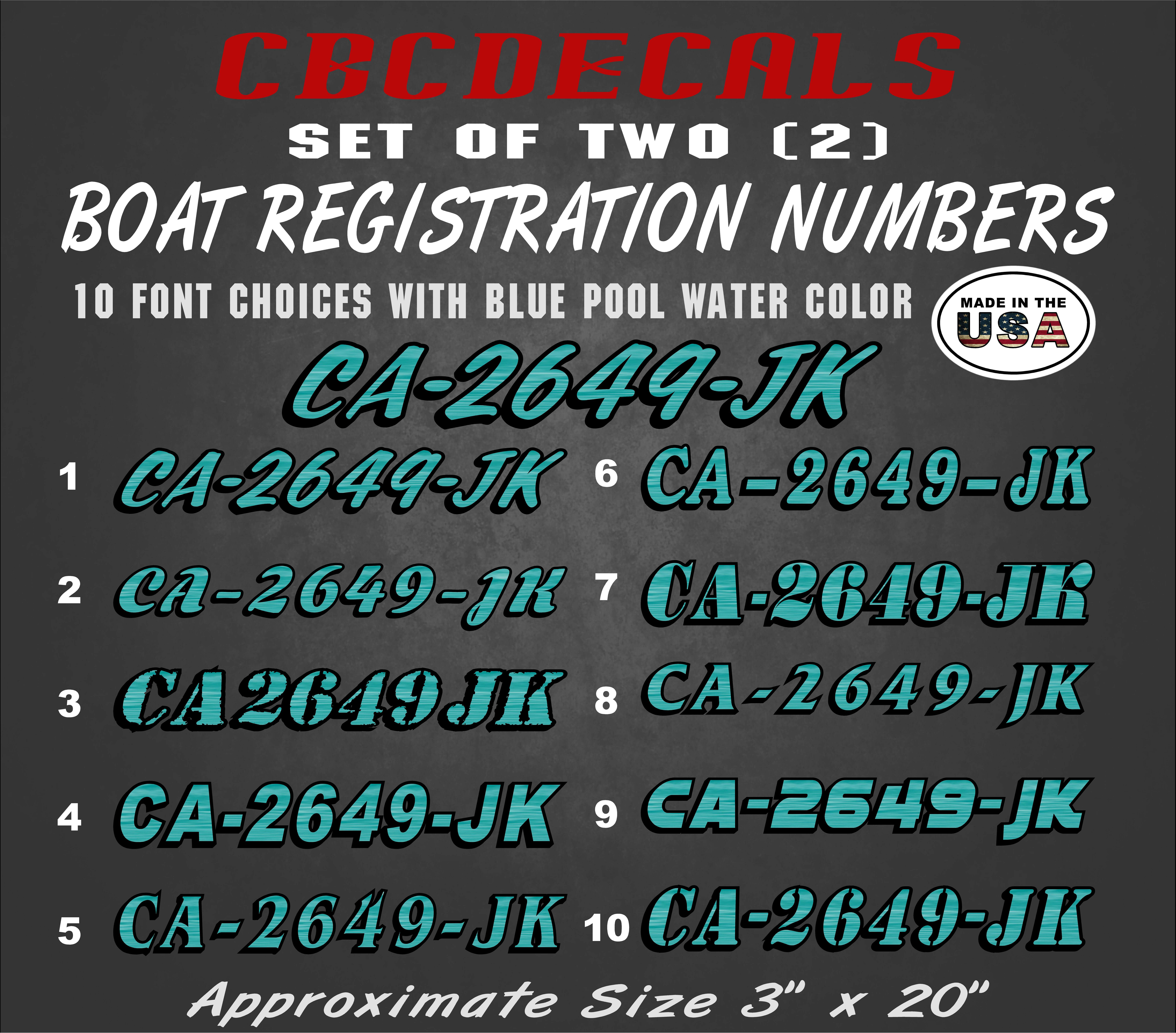PAIR / Set of  2 Two Color Boat Registration Numbers Vinyl Decals 3" X 20"
