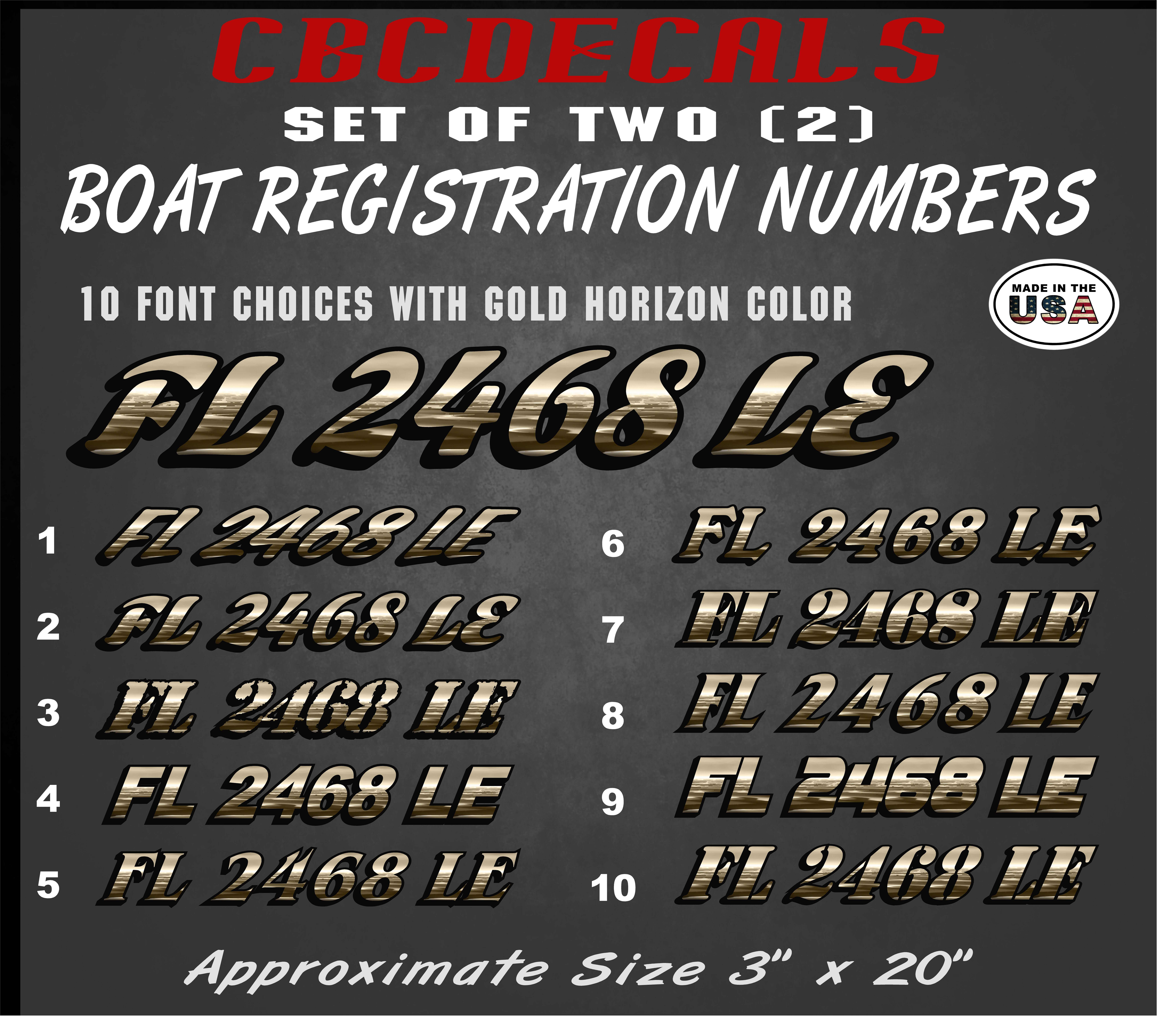 Gold Horizon Gradient Custom Boat Registration Numbers Vinyl Decals (PAIR /  Set of Two) 3″ x 20″ – Personal Water Craft PWC Boat and Jet Ski  Registration Number Decals – Country Boy Customs Store