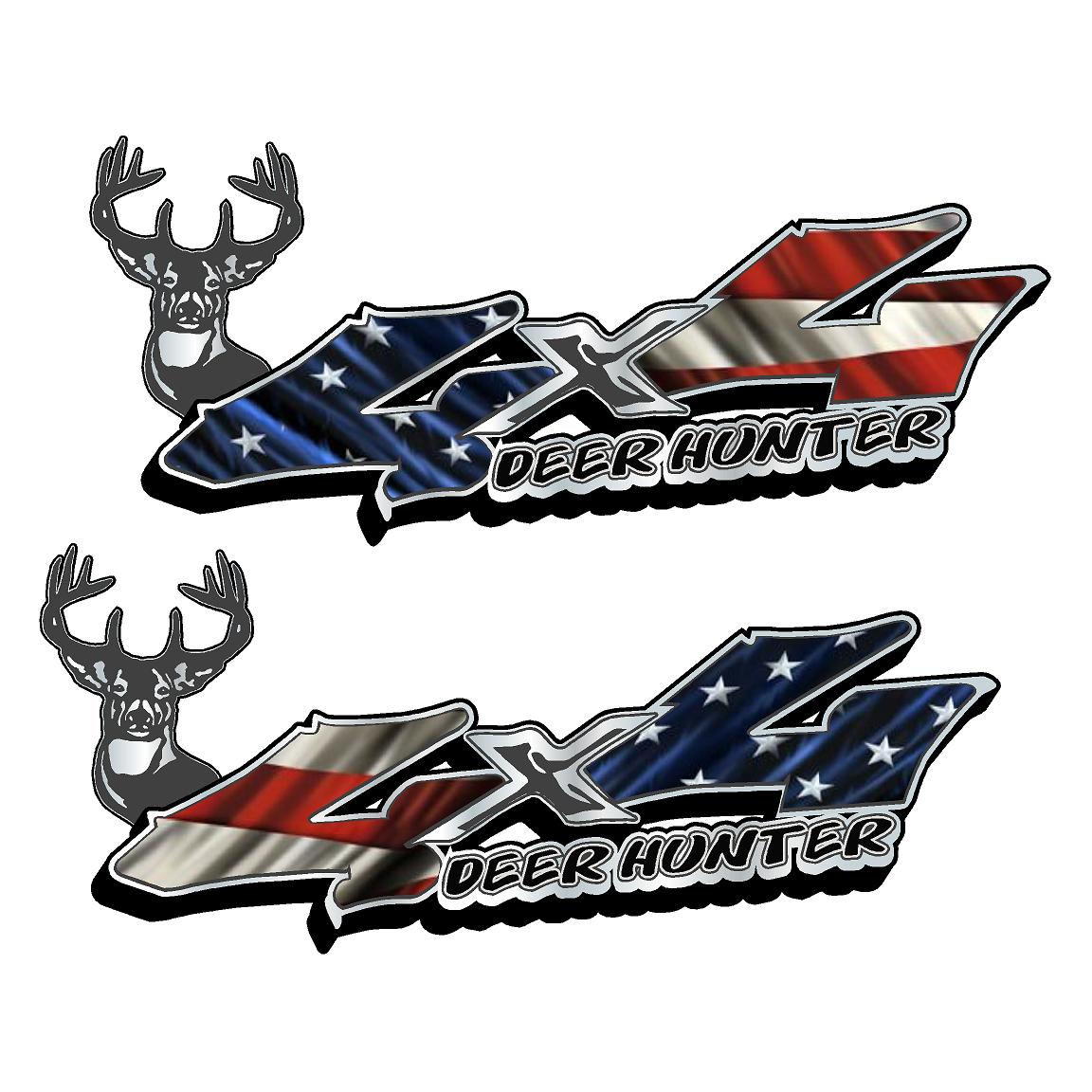 4x4 Deer Hunting Truck American Flag Truck Bed Vinyl Decal Sticker (SET OF  2) SIZE: 14 x 6
